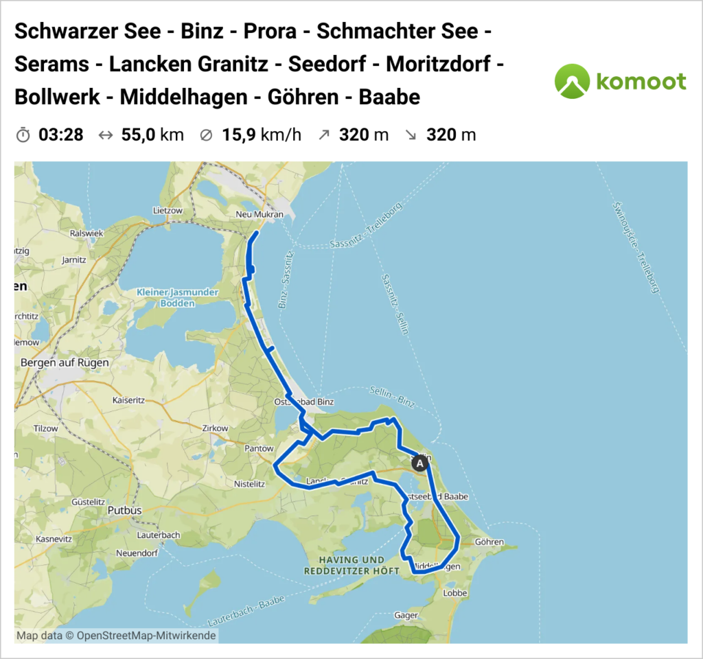 Fahrradtour: Schwarzer See - Binz - Prora - Schmachter See - Serams - Lancken Granitz - Seedorf - Moritzdorf - Bollwerk - Middelhagen - Göhren - Baabe